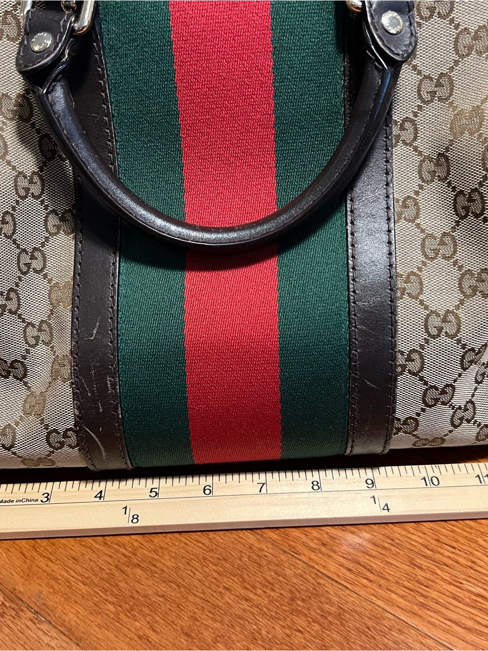 Gucci Beige Monogram Satchel with Green & Red Center Stripe - Picture 14 of 16